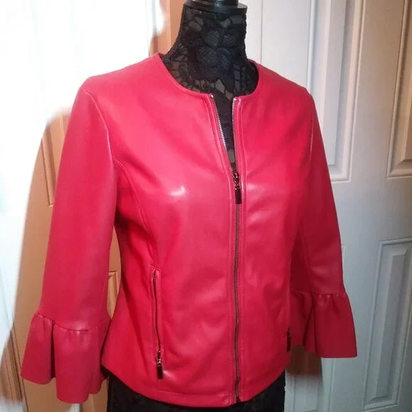 Red Faux Leather Pleather Jacket Collarless Ruffle Sleeve Alfani Petite Medium - Picture 7 of 10